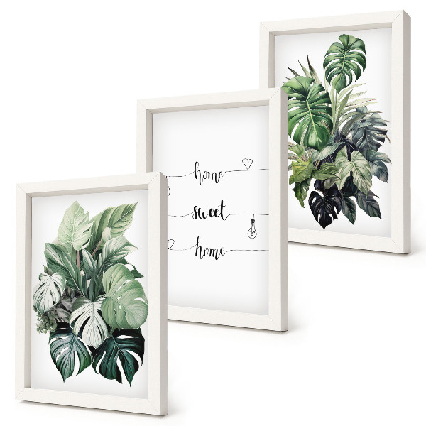Triptych v ráme Akvarelové listy monstery Domov, sladký domov