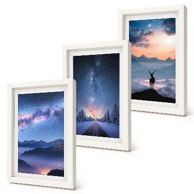 Triptych v ráme Nočná obloha, hory, krajiny v hmle a jelene