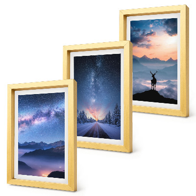Triptych v ráme Nočná obloha, hory, krajiny v hmle a jelene