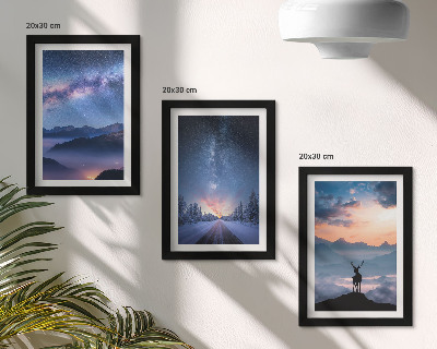 Triptych v ráme Nočná obloha, hory, krajiny v hmle a jelene