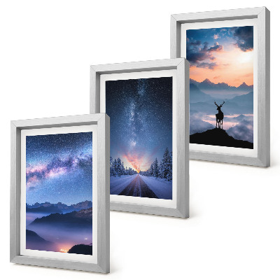 Triptych v ráme Nočná obloha, hory, krajiny v hmle a jelene