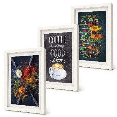 Triptych v ráme korenie, káva, s, jeden, salka, od, kuchyna herbs, patterns