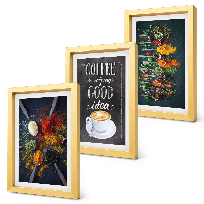 Triptych v ráme korenie, káva, s, jeden, salka, od, kuchyna herbs, patterns