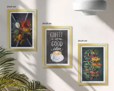 Triptych v ráme motív korenia a kávy so šálkou do kuchyne