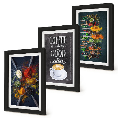 Triptych v ráme korenie, káva, s, jeden, salka, od, kuchyna herbs, patterns