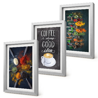 Triptych v ráme korenie, káva, s, jeden, salka, od, kuchyna herbs, patterns