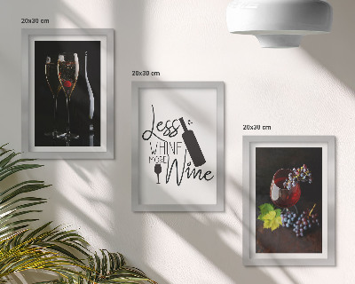 Triptych v ráme Poháre vína s hroznom a nápisom o víne