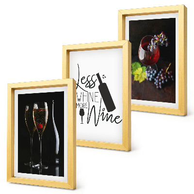 Triptych v ráme Poháre vína s hroznom a nápisom o víne