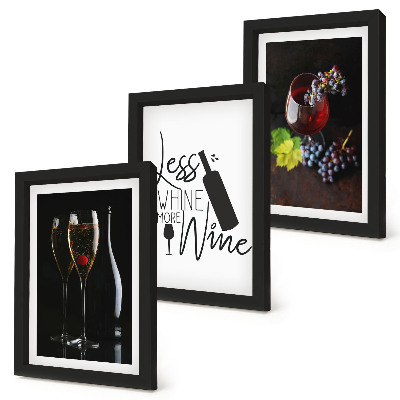 Triptych v ráme Poháre vína s hroznom a nápisom o víne