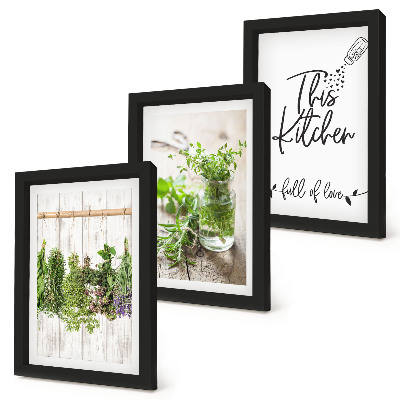 Triptych v ráme Kuchynský motív s nápisom sušené bylinky