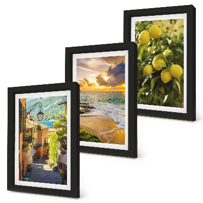 Triptych v ráme Malebné ulice, more, pláž a citrusové stromy