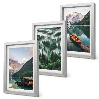 Triptych v ráme Horská krajina s jazerom, loďou a lesom v hmle