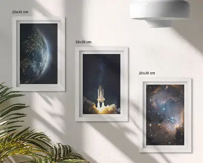 Triptych v ráme vesmír so Zemou, raketou a hviezdnou galaxiou