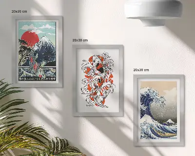 Sada obrazov do obývačky s motívom hôr, rýb a Veľkej vlny v japonskom štýle