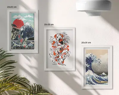 Sada obrazov do obývačky s motívom hôr, rýb a Veľkej vlny v japonskom štýle