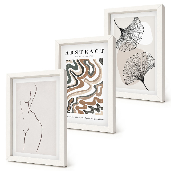 Triptych v ráme Abstraktný plagát s ženskými tvarmi a listami v boho štýle