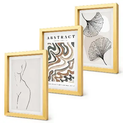 Abstraktný plagát s ženskými tvarmi a listami v boho štýle triptych v ráme