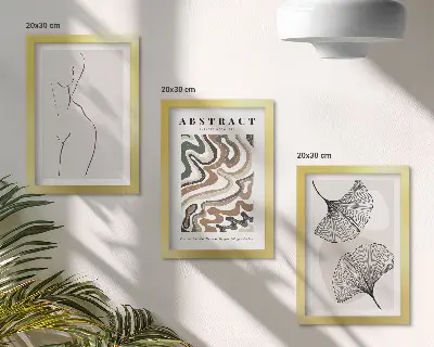 Abstraktný plagát s ženskými tvarmi a listami v boho štýle triptych v ráme
