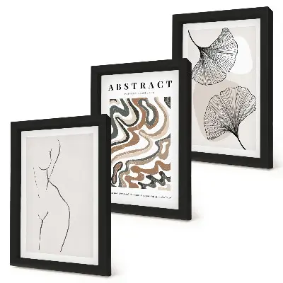 Abstraktný plagát s ženskými tvarmi a listami v boho štýle triptych v ráme