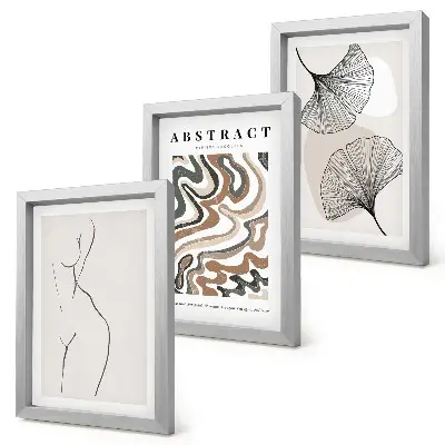 Abstraktný plagát s ženskými tvarmi a listami v boho štýle triptych v ráme