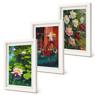 Triptych v ráme Ľalie na vode, bicykel v záhrade, farebné kvety