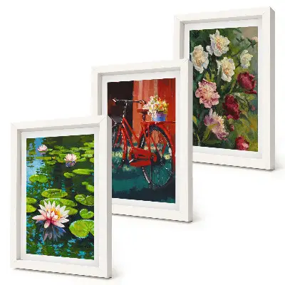 Triptych v ráme ľalie na vode s bicyklom v záhrade a farebnými kvetmi
