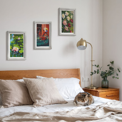 Triptych v ráme Ľalie na vode, bicykel v záhrade, farebné kvety