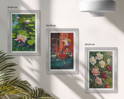 Triptych v ráme Ľalie na vode, bicykel v záhrade, farebné kvety