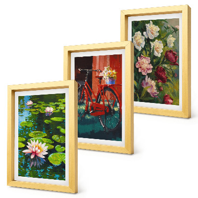 Triptych v ráme Ľalie na vode, bicykel v záhrade, farebné kvety