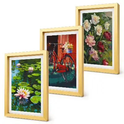 Triptych v ráme ľalie na vode s bicyklom v záhrade a farebnými kvetmi