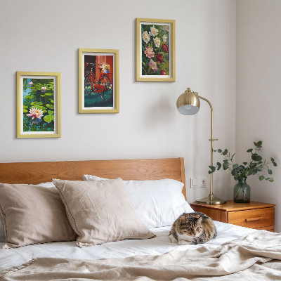 Triptych v ráme Ľalie na vode, bicykel v záhrade, farebné kvety