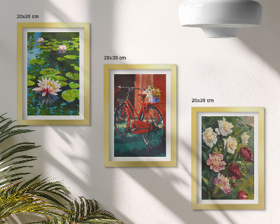 Triptych v ráme Ľalie na vode, bicykel v záhrade, farebné kvety