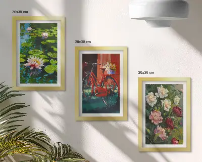 Triptych v ráme ľalie na vode s bicyklom v záhrade a farebnými kvetmi