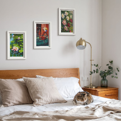 Triptych v ráme Ľalie na vode, bicykel v záhrade, farebné kvety