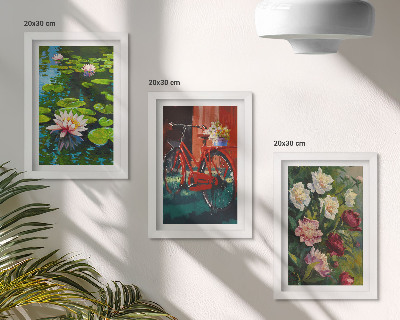 Triptych v ráme Ľalie na vode, bicykel v záhrade, farebné kvety