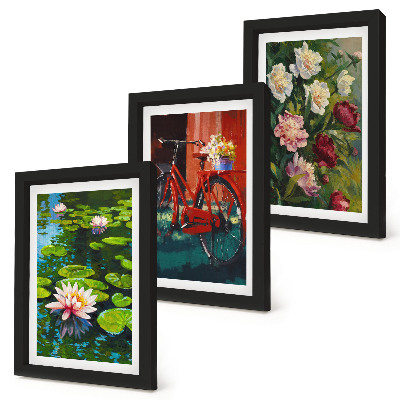 Triptych v ráme Ľalie na vode, bicykel v záhrade, farebné kvety