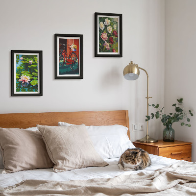 Triptych v ráme Ľalie na vode, bicykel v záhrade, farebné kvety
