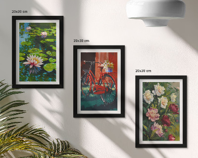 Triptych v ráme Ľalie na vode, bicykel v záhrade, farebné kvety