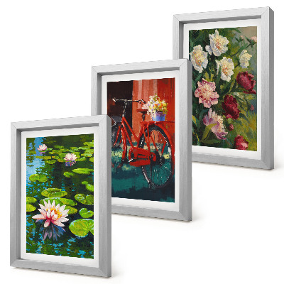 Triptych v ráme Ľalie na vode, bicykel v záhrade, farebné kvety