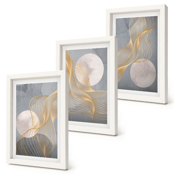 Triptych v ráme Abstraktné vzory s vlnami a kruhmi na sivom pozadí