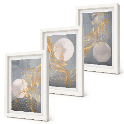 Triptych v ráme Abstraktné vzory s vlnami a kruhmi na sivom pozadí