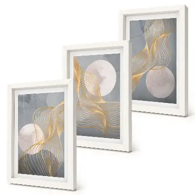 Abstraktné vzory s vlnami a kruhmi na sivom pozadí triptych v ráme