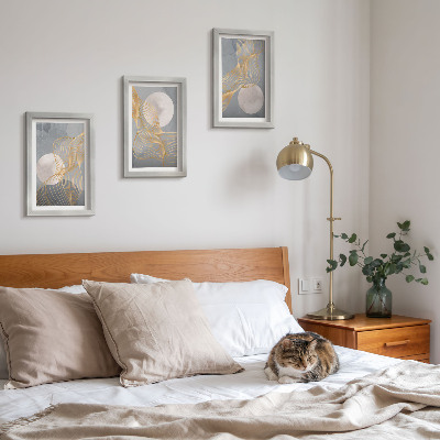 Triptych v ráme Abstraktné vzory s vlnami a kruhmi na sivom pozadí