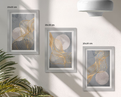 Triptych v ráme Abstraktné vzory s vlnami a kruhmi na sivom pozadí