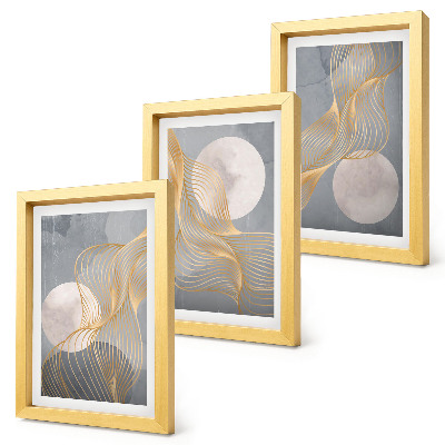 Triptych v ráme Abstraktné vzory s vlnami a kruhmi na sivom pozadí