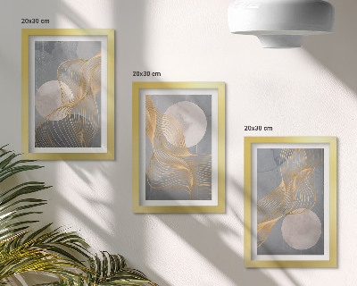 Triptych v ráme Abstraktné vzory s vlnami a kruhmi na sivom pozadí