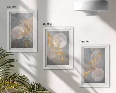 Triptych v ráme Abstraktné vzory s vlnami a kruhmi na sivom pozadí