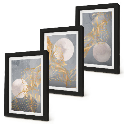 Triptych v ráme Abstraktné vzory s vlnami a kruhmi na sivom pozadí