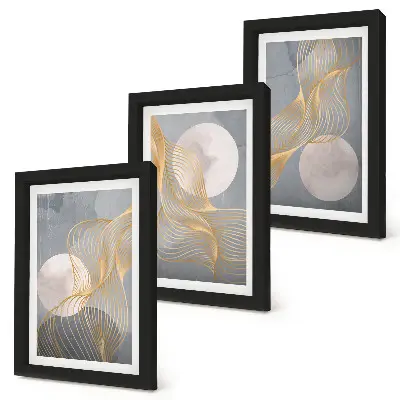 Abstraktné vzory s vlnami a kruhmi na sivom pozadí triptych v ráme