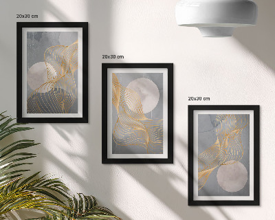 Triptych v ráme Abstraktné vzory s vlnami a kruhmi na sivom pozadí